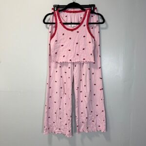 Love & Lazy Days Pink Strawberry Print Pajama Set Tank Crop Top Pants Small